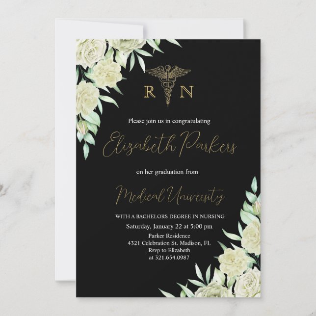 White Roses and Black Nursing Graduation Party Invitation (Front)