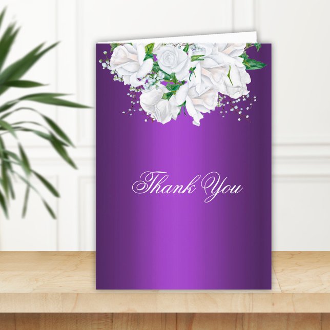 White Roses and Elegant Purple Wedding  Thank You Card (Creator Uploaded)