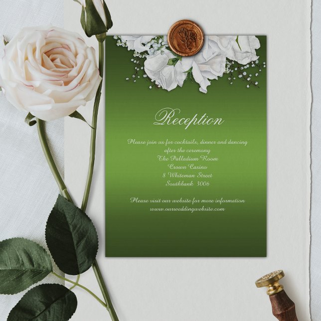 White Roses and Emerald Green Wedding Reception Enclosure Card (Creator Uploaded)
