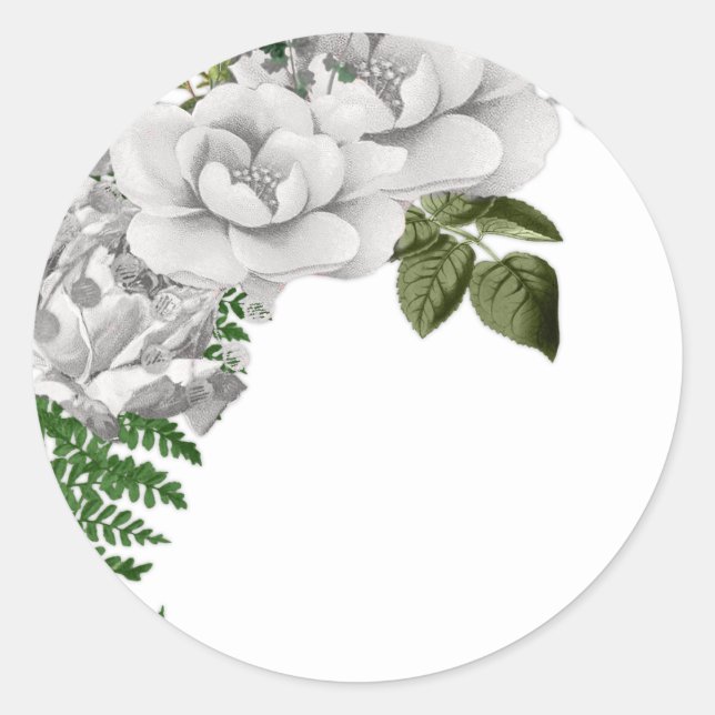 White Roses and Ferns Wedding Classic Round Sticker (Front)