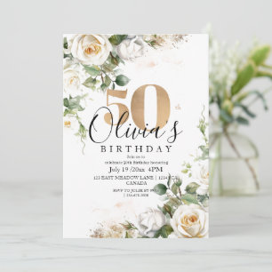White Roses and Gold Elegant Flower 50th Birthday Invitation