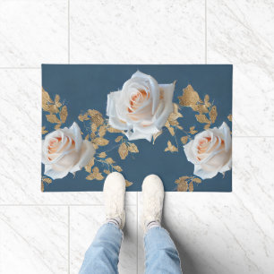 White roses and gold leaves on a blue background doormat