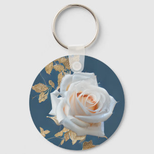 White roses and gold leaves on a blue background keychain