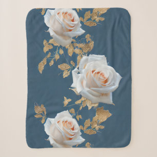 White roses and gold leaves on a blue background sherpa blanket