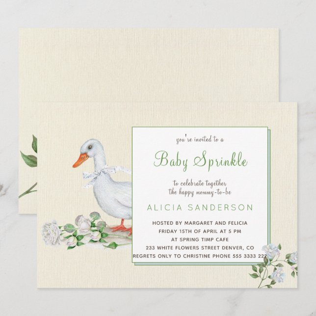 White roses and goose vintage baby sprinkle invite (Front/Back)