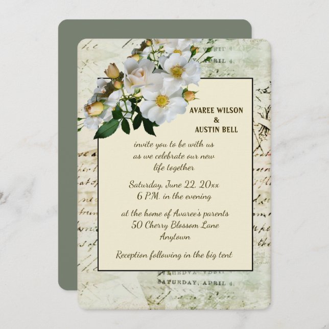 White Roses and Green Vintage Frame Invitation (Front/Back)