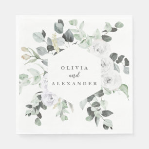 White Roses and Greenery floral wedding Napkin