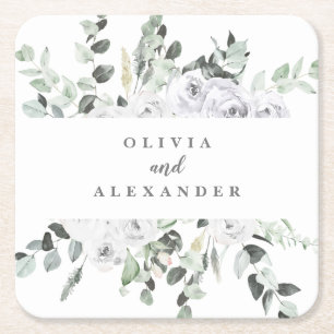White Roses and Greenery floral wedding Square Paper Coaster