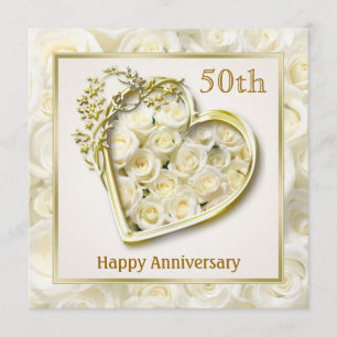 White roses and heart 50th Wedding Anniversary Invitation