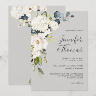 White Roses and Hydrangea Elegant Floral Wedding Invitation