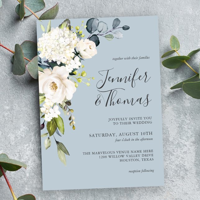 White Roses and Hydrangea on Blue Floral Wedding Invitation (Beautiful dusty blue wedding invitation with white roses and hydrangea florals.)