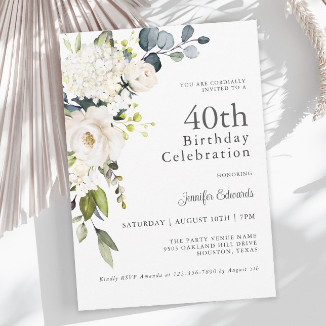 White Roses and Hydrangeas Elegant 40th Birthday Invitation (Creator Uploaded)