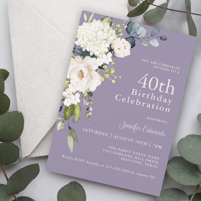 White Roses and Hydrangeas Elegant 40th Birthday Invitation (Creator Uploaded)