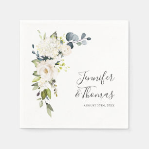 White Roses and Hydrangeas Floral Wedding Napkin