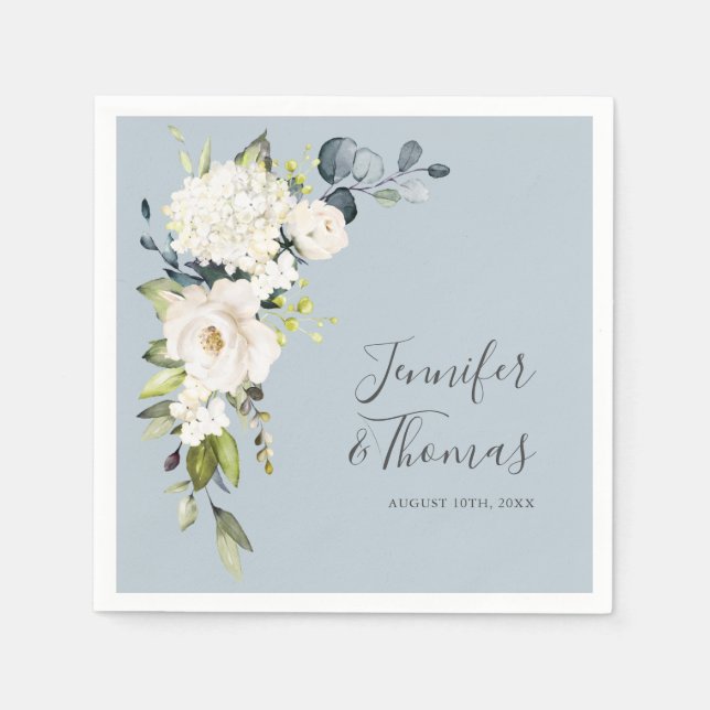 White Roses and Hydrangeas on Blue Floral Wedding Napkin (Front)