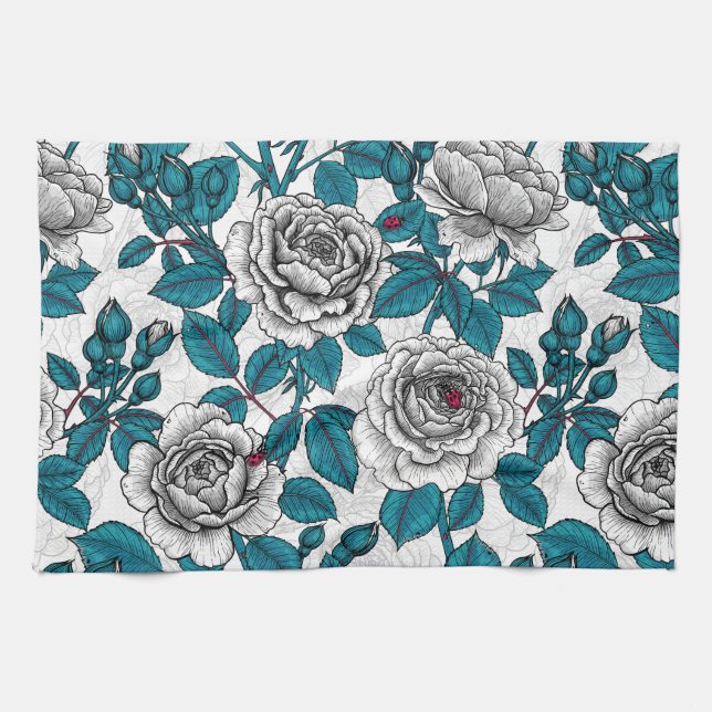 White roses and ladybugs kitchen towel (Horizontal)