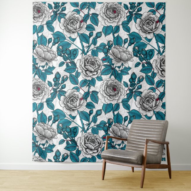 White roses and ladybugs tapestry (In Situ)