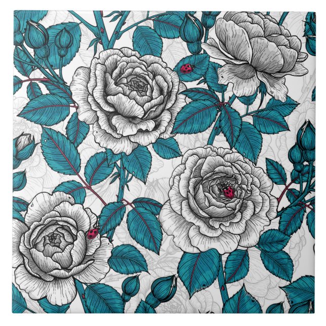 White roses and ladybugs tile (Front)