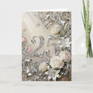 White Roses and Lilies Silver Anniversary Card