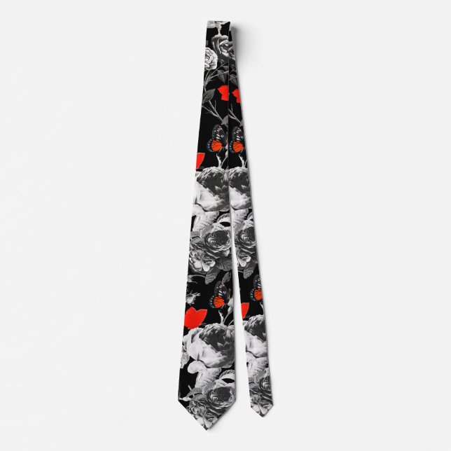WHITE ROSES AND RED BUTTERFLIES Black Neck Tie (Front)