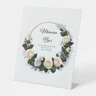 White Roses & Baby’s Breath Mimosa Bar Pedestal Sign