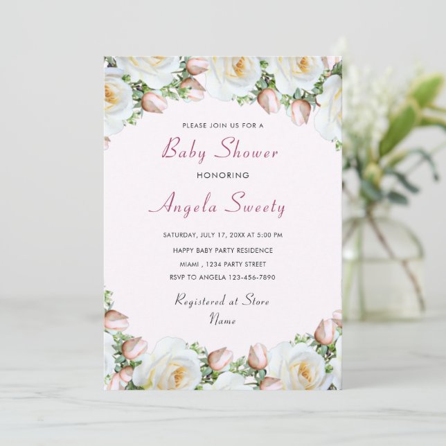 White Roses Baby Shower Invitation (Standing Front)