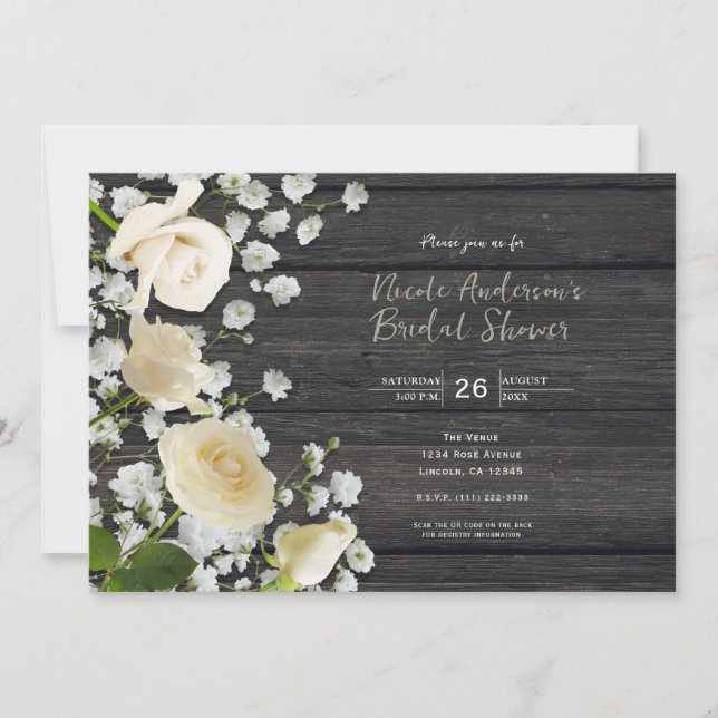 White Roses & Baby's Breath on Wood Bridal Shower Invitation (Front)
