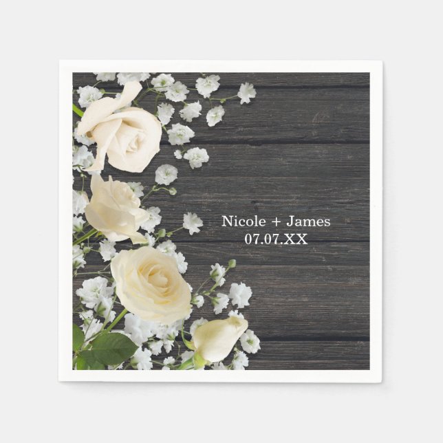 White Roses & Baby's Breath on Wood Bridal Shower Napkin (Front)