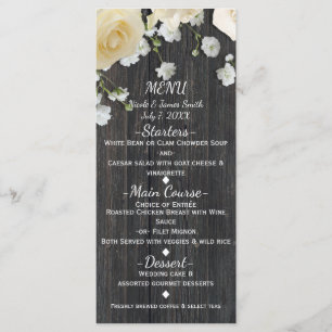 White Roses & Baby's Breath on Wood Wedding Menu