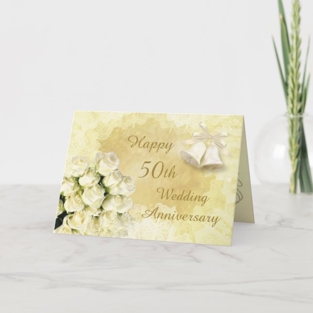 White roses, bells 50th Wedding Anniversary Card (Front)