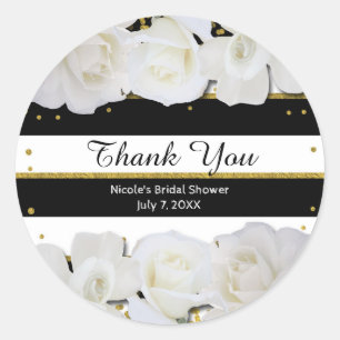 White Roses Black Stripes & Gold Bridal Shower Classic Round Sticker