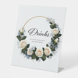 White Roses & Blue Baby’s Breath Drinks Pedestal Sign