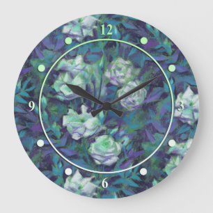 "White roses, blue leaves", beautiful flowers Large Clock