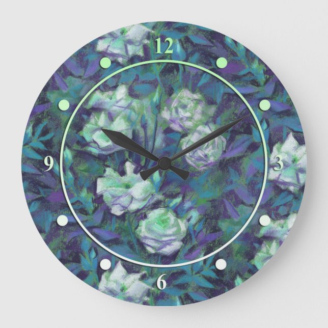 "White roses, blue leaves", beautiful flowers Large Clock (Front)