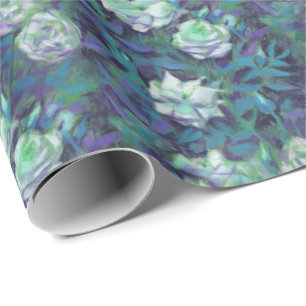White Roses, Blue Leaves, Vintage Floral Pattern Wrapping Paper