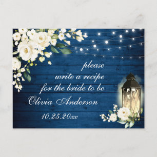 White Roses Blue Wood Bridal Shower Recipe Card