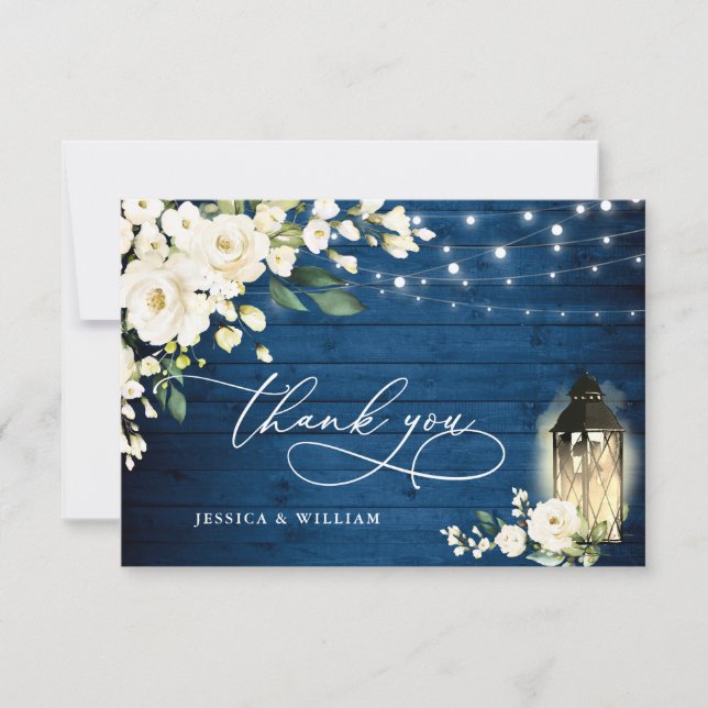 White Roses Blue Wood Lantern Boho Wedding Thank You Card (Front)