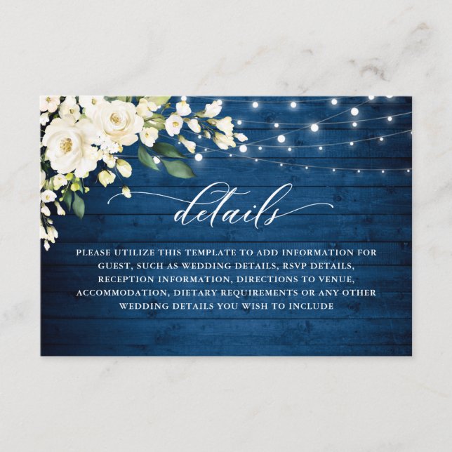 White Roses Blue Wood Lantern Wedding Details Enclosure Card (Front)