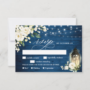 White Roses Blue Wood Lantern Wedding RSVP Card