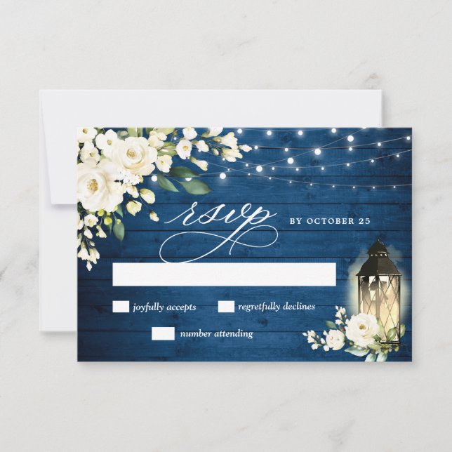 White Roses Blue Wood Lantern Wedding RSVP Card (Front)