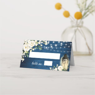 White Roses Blue Wood Lantern Wedding Table Place Card
