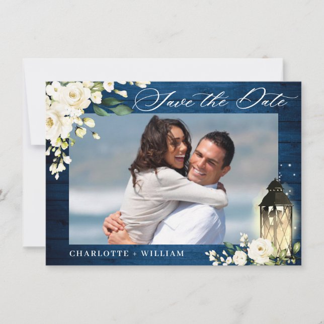White Roses Blue Wood PHOTO Wedding Save The Date (Front)