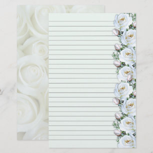 White Roses Bouquet Border 3 Stationery Lined