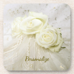 White Roses Bouquet Vintage Lace Veil Personalize Coaster