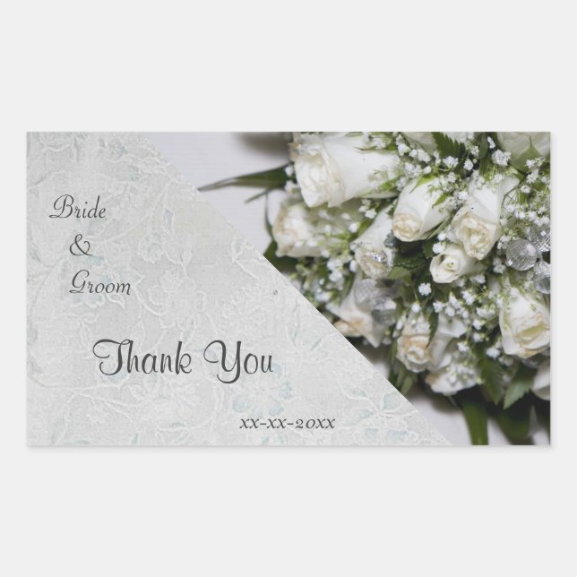 White Roses Bouquet  Wedding Thank You Sticker (Front)