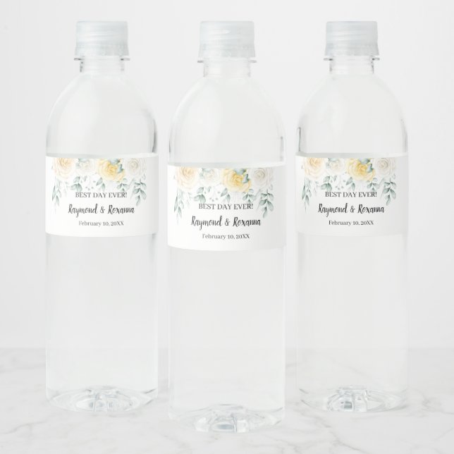 White Roses Bridal Shower Wedding Water Bottle Label (Bottles)