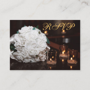 White Roses & Candlelight Gold RSVP Wedding Card
