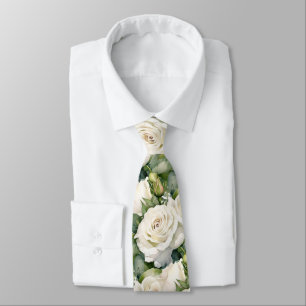 White Roses Classic Formal Floral Neck Tie