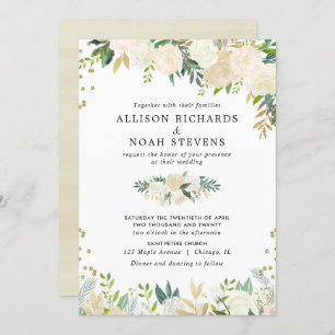 White roses cream gold elegant floral wedding invitation