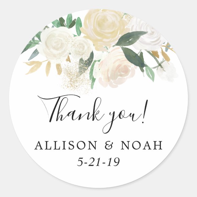 White roses cream gold elegant wedding favour classic round sticker (Front)